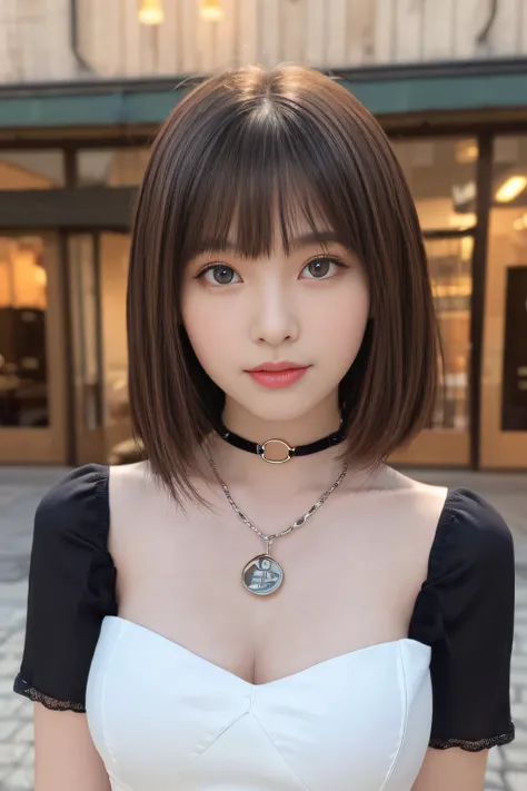 masutepiece, Best Quality, One girl, (Beautiful Girl:1.3), (16 years old:1.2), Very fine eye definition, (Symmetrical eyes:1.3), NSFW, (cute little、Highly detailed mini dress with open neckline:1.3), Beautiful breasts, Brown eyes, Parted bangs, Brown hair,...