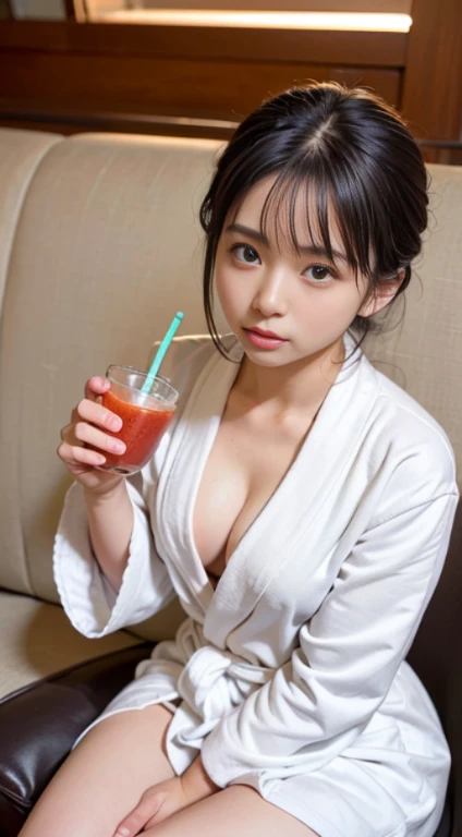 (masutepiece, Best Quality:1.4), Beautiful face, 8K, 85 mm, absurderes, ((Dark bedroom in the hotel))、(Wearing a thick white bathrobe:1.4), ((cowboy  shot:1.5))、((Shot from below:1.4))、((udder of medium size:1.4))、violaceaess, gardeniass, Delicate girl, So...