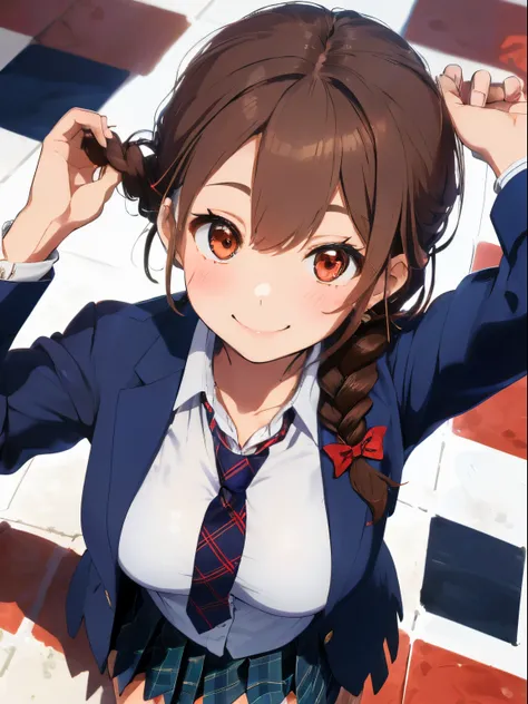 fluffy hair,((brown haired)),(Braided shorthair),Slightly red tide,((Navy blue blazer and plaid pleated skirt)),(High school students),((Red tie)),Kamimei,Looking at me with a smile,((Perspective from above)),