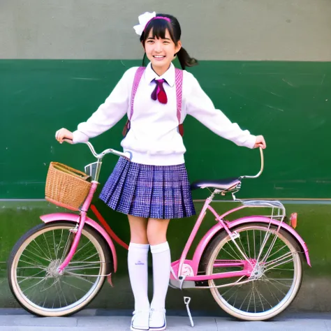 hi-school girl、japanes、kawaii、bicycle、Opening legs、A smile、校服、skirt by the