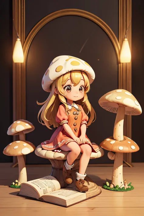 (Best picture quality, 4k,8k, High quality, Famous Works :1.2), Real mushrooms, Cute girl in Mushroom hat, indoor background, cute 3D rendering, Girl sitting at a table, Front, Table with English book, Mushroom Girl Portrait Animation, Cute 3D animated gir...