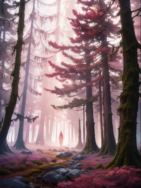 illustration, forest, landscape, slight fantastical elements, misty and foggy, pink and coral hues, expressionism,  emotional remembrance of love, life, and regret. Soothing colors, detailed, masterpiece, high resolution, 8k