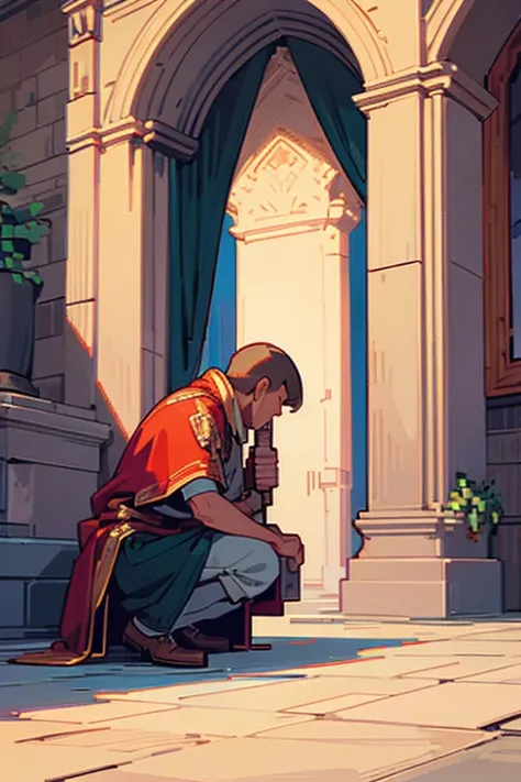 (pixelart: 1.2), a guard on his knees inside a castle bowing to the king