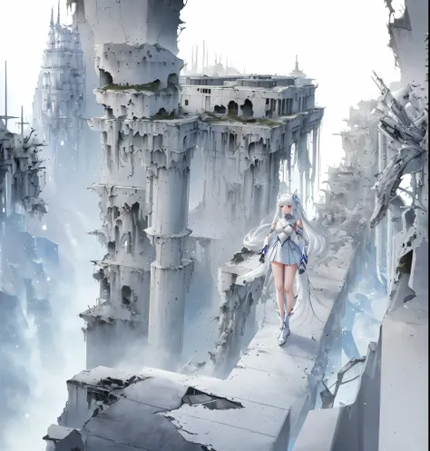 girl with long white hair and white dress, !teens girl,, in white futuristic armor, white mecha, white haired god, azur lane sty...