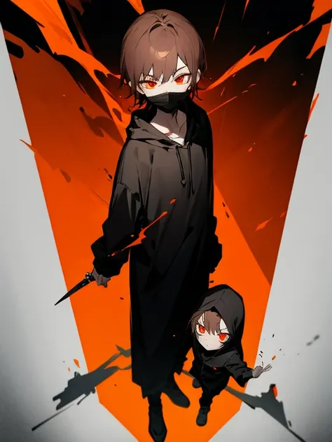 Orange Hoodie，red eyes，wait for the knife and play，black masks，Dark hair，male child