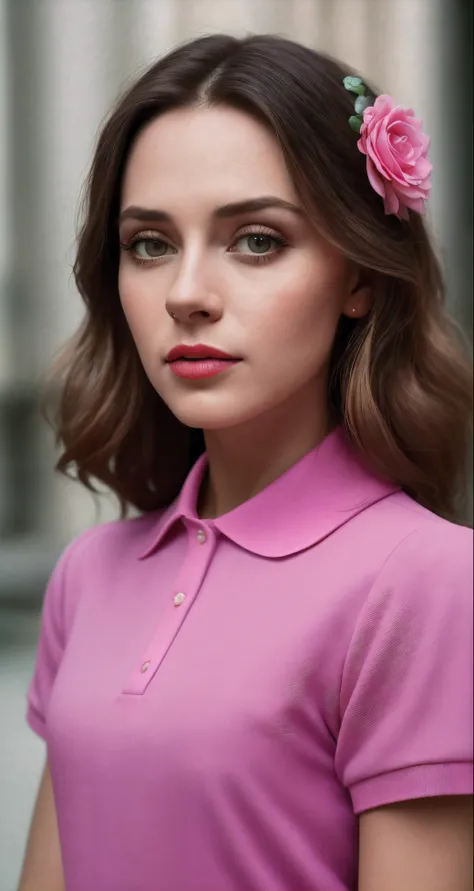 tiktok photo of 37 years old woman, closeup, RAW, masterpiece, realistic, hyper realistic, muted color, film grain, 
looking at viewer, polos pastel perfection looking 80s casual soft collars, fascinating, 
wearing Magenta dress flower,