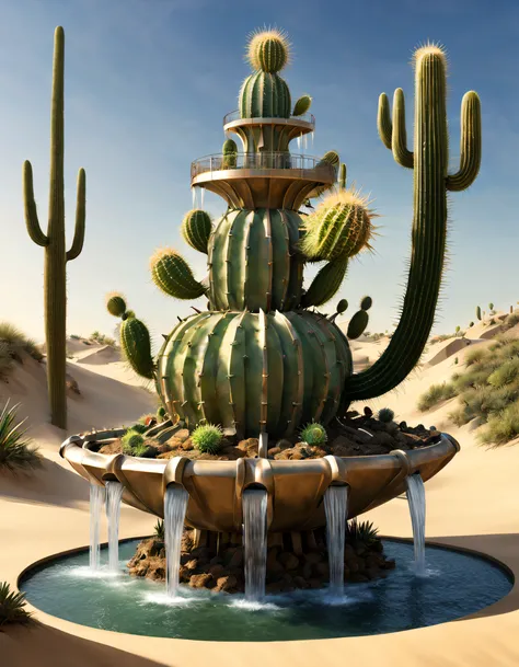 sci-fy, Semi-mechanical fountain, sand dune, Mechanical Cactus, Complex structure, Spray plenty of water,Complex structure, Gerard Brom