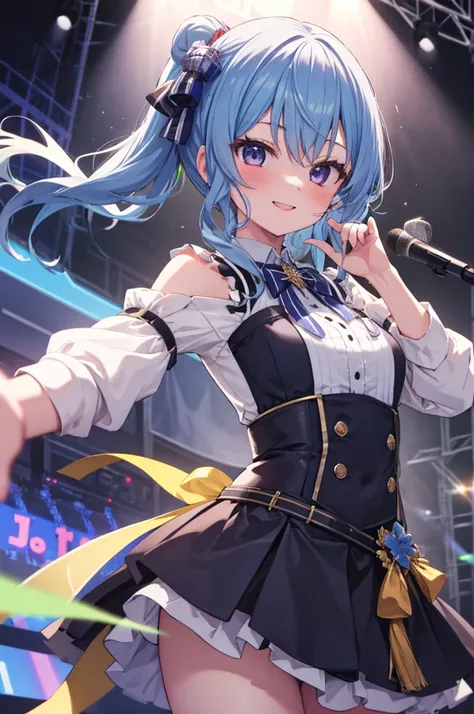 masterpiece, best quality, 1girl, hoshimachi suisei, hololive, on stage, smile