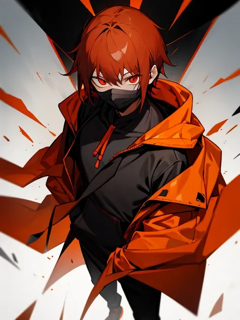 Orange Hoodie，red eyes，black masks，Dark hair，Male child