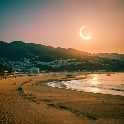 landscape shot　　Sunset Moon　along the mountain　the beach　sand beach　Superb view　perspective from a high place