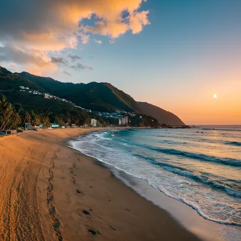 landscape shot　　Sunset Moon　along the mountain　the beach　sand beach　Superb view　perspective from a high place