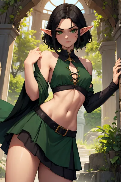 fair skinned, medium black hair, green eyes, androgynous, elf boy, crop top, dark green skirt, flat-chested, witch, happy