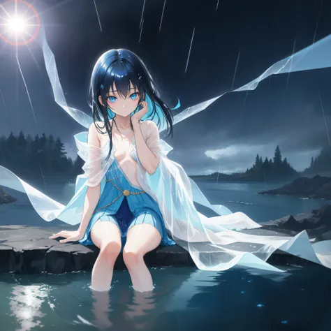 ((A far view)) of a black-haired anime teen girl, (sitting in the (river)), ((strong sunlight)), cinematic light, slim body, skin is perfectly healthy, soft, and smooth, Extremely delicate and beautiful CG illustration, best quality, high resolution, dynam...