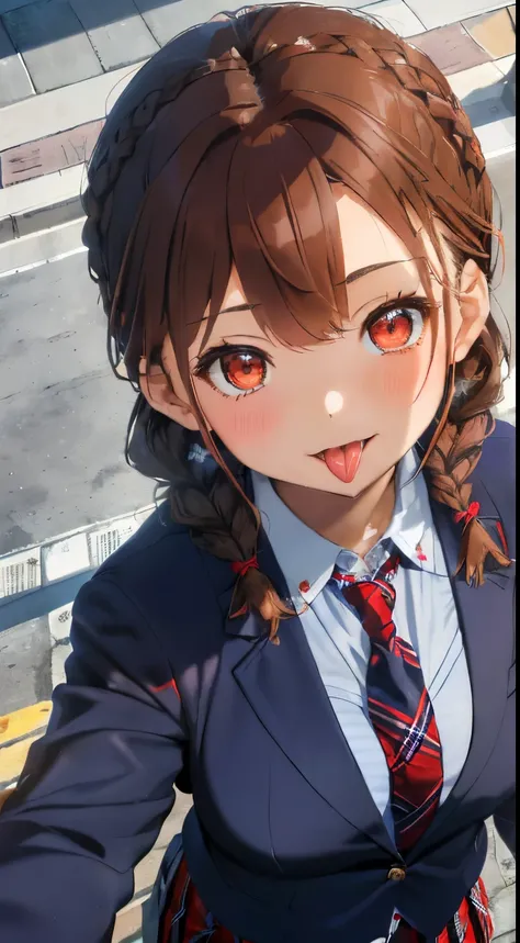 fluffy hair,((brown haired)),(Braided shorthair),Slightly red tide,((Navy blue blazer and plaid pleated skirt)),(High school students),((Red tie)),Kamimei,Looking at me with a smile,((Perspective from above)),(close up of face),(Open your mouth and show yo...