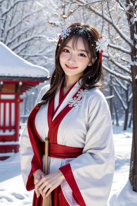 (masutepiece:1.3, Photorealsitic:1.4, 8K), top-quality, ​masterpiece, 超A high resolution, Perfect dynamic composition, Highly detailed skin and facial texture:1.3, A detailed eye, Detailed limbs, New Year, natta, (snowflakes falling:1.2), Precincts of a sh...