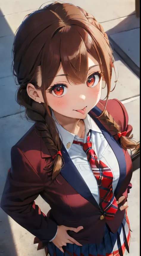 fluffy hair,((brown haired)),(Braided shorthair),Slightly red tide,((Navy blue blazer and plaid pleated skirt)),(High school students),((Red tie)),Kamimei,Looking at me with a smile,((Perspective from above)),(close up of face),(Open your mouth and show yo...