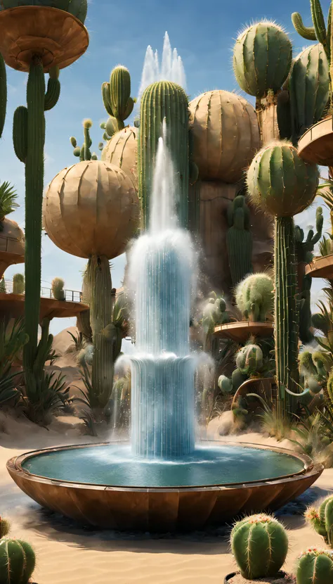 sci-fy, Semi-mechanical fountain sprays water into the air，water spray, sand dune, Mechanical Cactus, Complex structure, Spray plenty of water,Complex structure, Gerard Brom