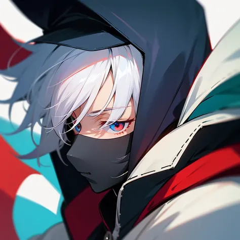 anime profile picture, No face ,dark color, hooded anime boy, Anime Boy,  close up of face, masked mouth,red left eye，blue right eye，white  hair，soio