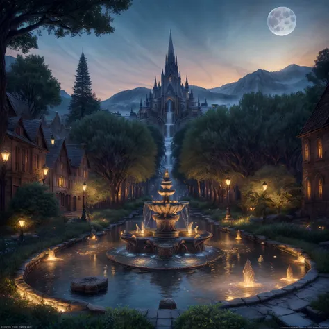 Fantasy art, RPG art, there is an epic sized magical water fountain in an elven city town square, it has magical runes in the basin of the fountain, many rivulets of water entwined in fire, faize, the fire is combined with the water streams, its night time...