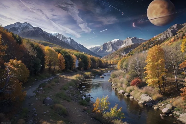 A picture of a fall landscape with trees,
mountains, and a river, except the trees have
purple leaves, the mountains are blue, and the
river is orange, on a planet with two moons and
a ring system, alien and surreal digital art