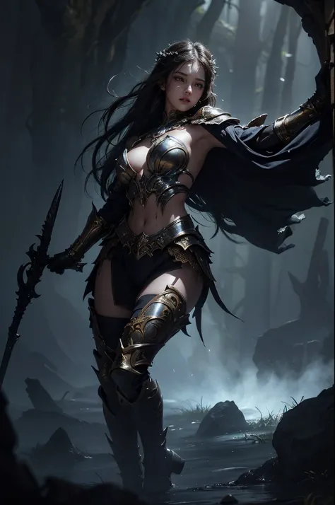 Full body shot, (photorealistic, realistic), masterpiece, absurdres, highres, high quality, ultra detailed, beautiful and aesthetic, horror (theme), 1girl, dynamic pose, shiny skin, (holding weapon), enchanted armor, ancient, intricate details, expressive ...