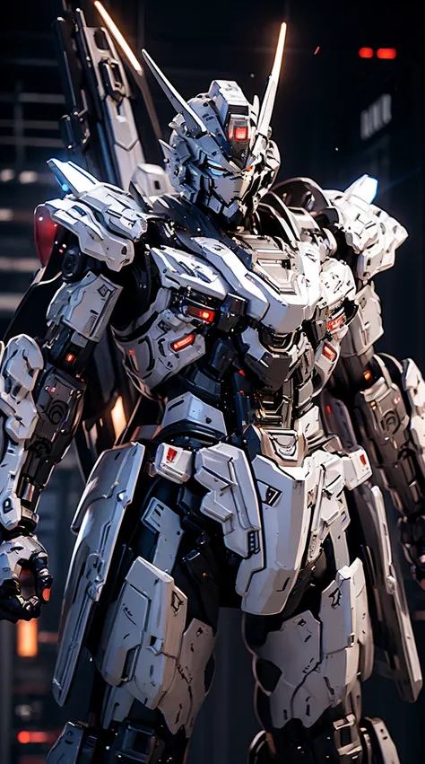 Generate an imposing full-body shot of a sentinel mech, a vigilant and defensive force in the futuristic realm. The armor should have a sturdy and fortified design, adorned with protective plating and intricate defensive patterns. Equip the mech with an in...