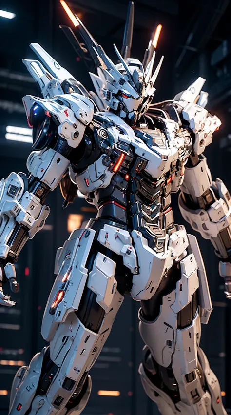 Generate an imposing full-body shot of a sentinel mech, a vigilant and defensive force in the futuristic realm. The armor should have a sturdy and fortified design, adorned with protective plating and intricate defensive patterns. Equip the mech with an in...