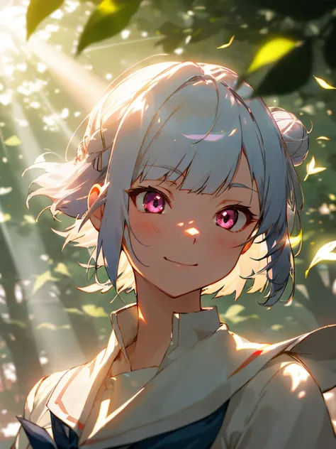 Weak lips、lighting like a movie、Little 1 girl、Short hair with silver bob, put in a bun with a hairpin., pink eyes, small boobs、Seduction Smile、school_uniform、Portraiture、warm light sunset、ray of light glow lenses glare(ray of light glow lenses glare)、deep-...