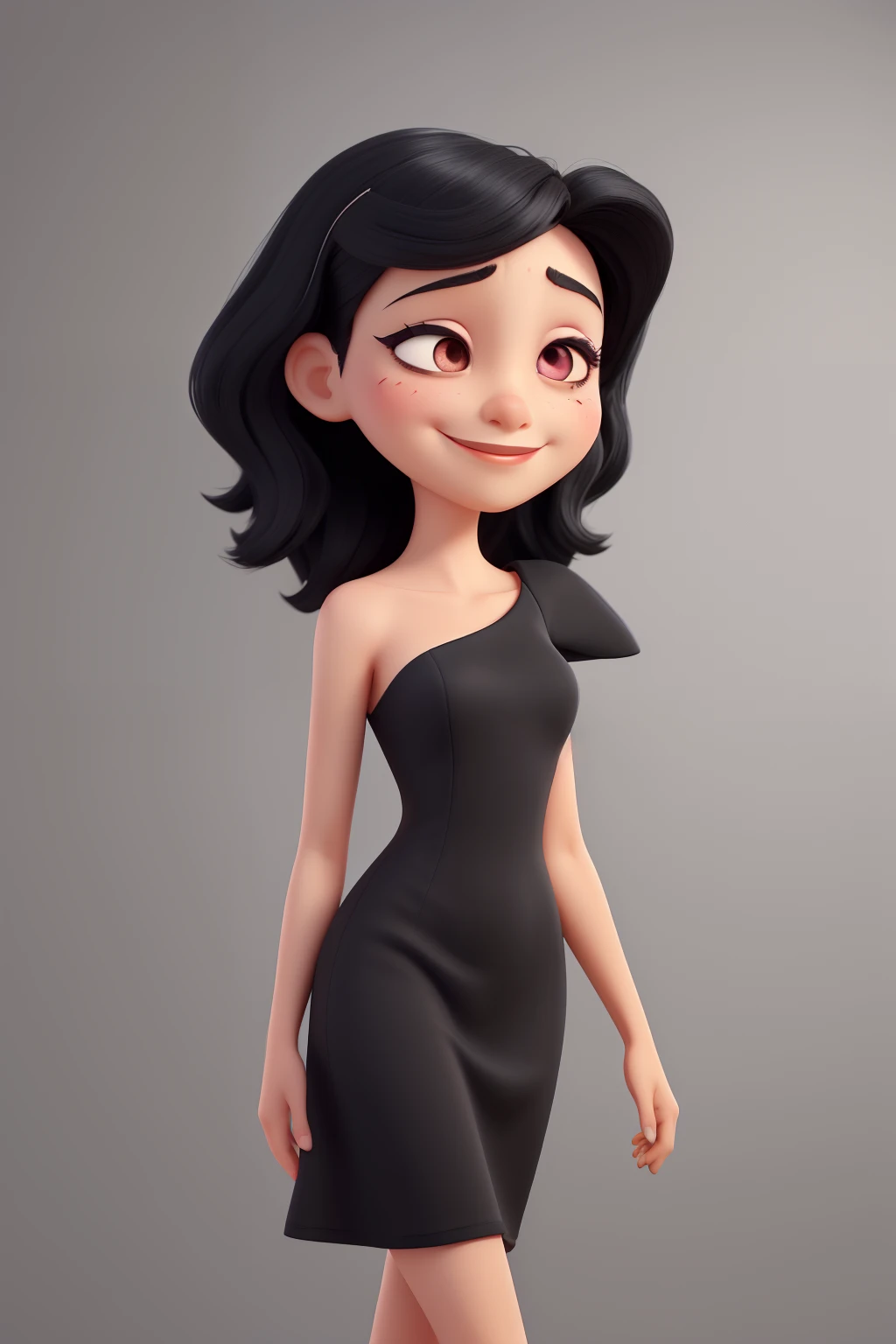 40&#39;s, shoulder-length black hair and dark eyes.,long eyeslashes,Closing eyes and smiling,Beautie,Black dress,