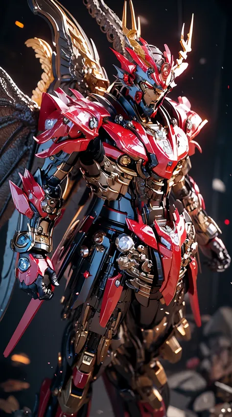 Generate an awe-inspiring full-body shot of a Dragon King mech, a regal and mighty force in the futuristic realm. The armor should be adorned with majestic dragon-inspired design elements, featuring intricate scales, imposing wings, and fearsome claws. Inc...