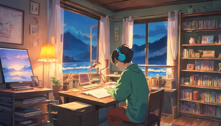 (best quality,4k,8k,highres,masterpiece:1.2),ultra-detailed,(realistic,photorealistic,photo-realistic:1.37),a man studying in his room,reading a book,wearing headphones,a night lamp,a rainy neon landscape,simulated color theme,lo-fi hip-hop music,retro,fla...