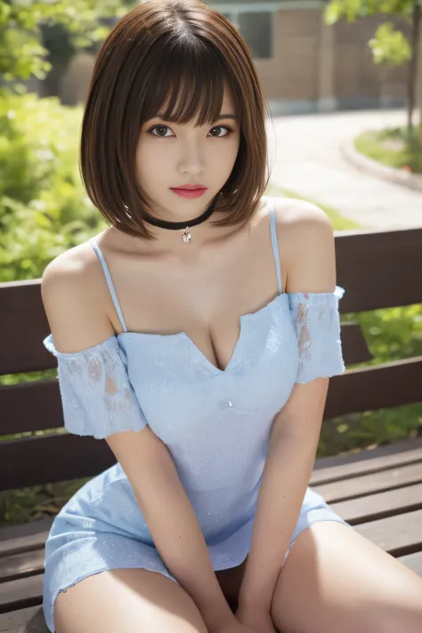 masutepiece, Best Quality, One girl, (Beautiful Girl:1.3), (16 years old:1.2), Very fine eye definition, (Symmetrical eyes:1.3), NSFW, (cute little、Highly detailed mini dress with open neckline:1.3), Beautiful breasts, Brown eyes, Parted bangs, Brown hair,...