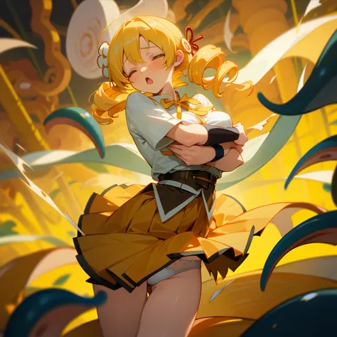 tomoe mami, big breast, blonde hair, drill hair, tentacle leash, skirt lifting, white underwear, choking,strangle, scenery, closed eyes, :o, pain, moaning, wind blow, torn clothes