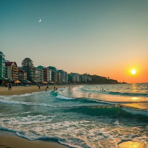 landscape shot　　Sunset Moon　the beach　Snow-white sandy beach　Superb view　Brink　waterface　cruiser　day scene　Buildings　Emerald Green Sea