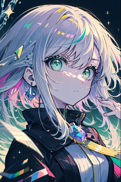 Light purple hair, ((Green eyes)),Wave hair,Medium Hair,multicolored hair, Winter background、colorful backdrop、Tsurime、Beautiful eyes that sparkle、an oil painting、masutepiece、top-quality、High quality