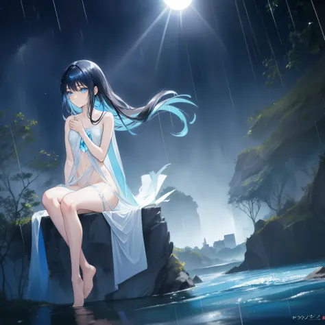 ((A far view)) of a black-haired anime teen girl, (sitting in the (river)), ((strong sunlight)), cinematic light, slim body, skin is perfectly healthy, soft, and smooth, Extremely delicate and beautiful CG illustration, best quality, high resolution, dynam...