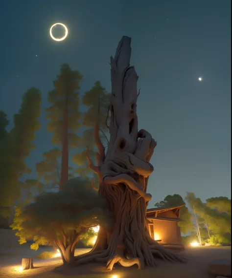 night photo of a tree with a carved trunk and a full moon, at night, taken in the night, Durante a noite, Enluarado, Durante a noite, taken with a canon dslr camera, nigth, Tirado com uma Canon EOS 5 D, Tirada com uma Canon EOS 5D, photo taken at night, To...