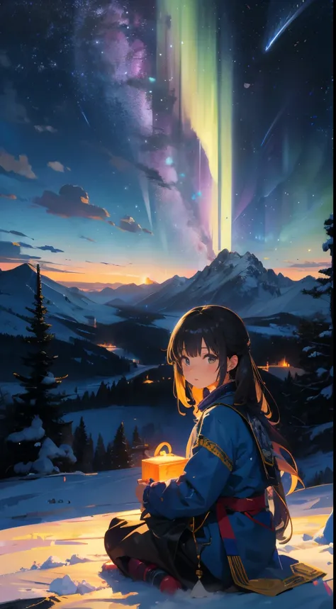 nigh sky, stele(Skysky), landscapes,milkyway, 1girl in, 独奏, plein air, built, 云,Aurora, sitting on, The tree, length hair, silhuette, Snow Mountains,top-quality,High quality detailing,８Ｋ