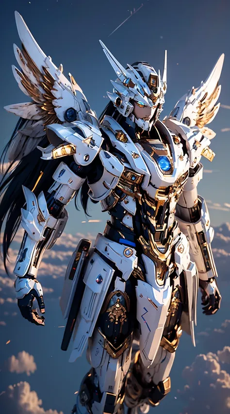 Generate a breathtaking full-body shot of a Sky King mecha, a majestic and aerial force in the futuristic realm. The armor should be adorned with celestial motifs, capturing the essence of the skies. Incorporate celestial hues, such as ethereal blues, whit...