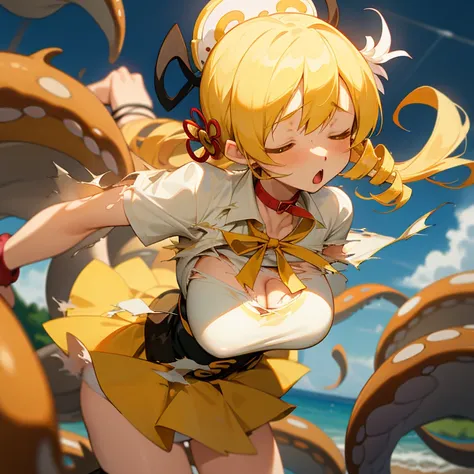 tomoe mami, big breast, blonde hair, drill hair, tentacle leash, skirt lifting, white underwear, choking,strangle, scenery, closed eyes, :o, pain, moaning, wind blow, tentacle around neck, (torn clothes:1.2)