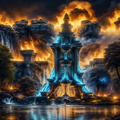 fantasy art, rpg art, there is an epic sized magical (water fountain: 1.3) in an elven city town square, it has magical runes gl...