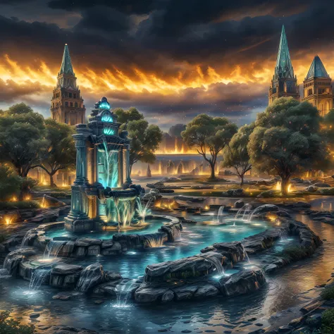 Fantasy art, RPG art, there is an epic sized magical (water fountain: 1.3) in an elven city town square, it has magical runes gl0w1ngR in the basin of the fountain, many rivulets of water entwined in (fire: 1.2), faize, the fire is combined with the water ...