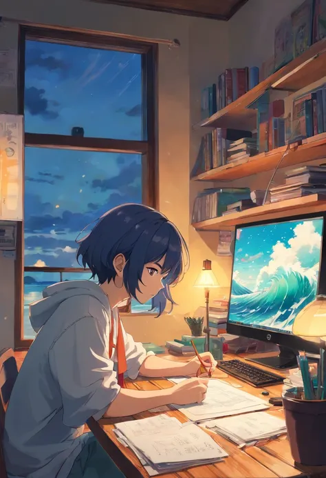 (best quality,4k,8k,highres,masterpiece:1.2),ultra-detailed,(realistic,photorealistic,photo-realistic:1.37),a man studying in his room,reading a book,wearing headphones,a night lamp,a rainy neon landscape,simulated color theme,lo-fi hip-hop music,retro,fla...