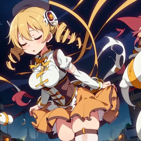 mami tomoe, big breast, blonde hair, drill hair, tentacle leash, skirt lifting, white underwear, choking,strangle, scenery, closed eyes, :o, pain, moaning, wind blow, tentacle around neck, (torn clothes:1.2)