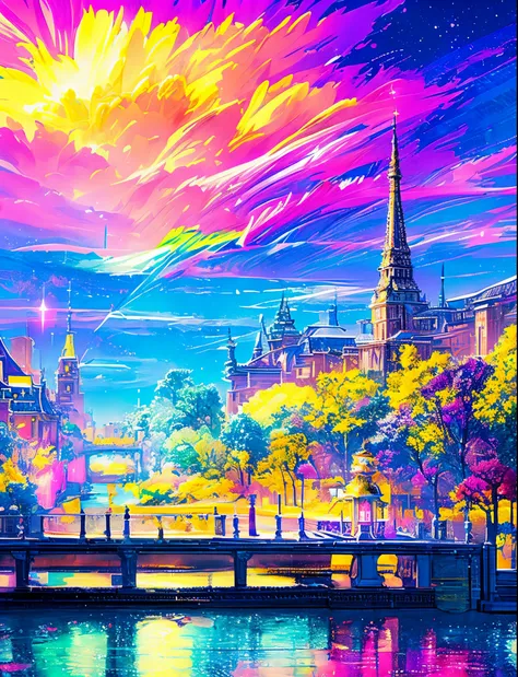 Colorful Metropolitan Museum of Art、River painting with stars and moon in rainbow sky、the met、Shining skyscrapers、Shine across the board、Skyscrapers、Concept art inspired by Mitsuoki Tosa、pixiv contest winners、top-quality、Fantasyart、beautiful anime scene、Br...