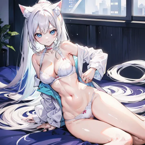 (Best Picture Quality，The is very detailed，Body and facial contours 1.2）rainy days，Wear an air-colored bra，Air color lace sexy panties，pouting her ass，Anime manga girl ，Weakness of the body，a slender waist，Thin leg，Bedrooms，face to the viewer，spread their ...