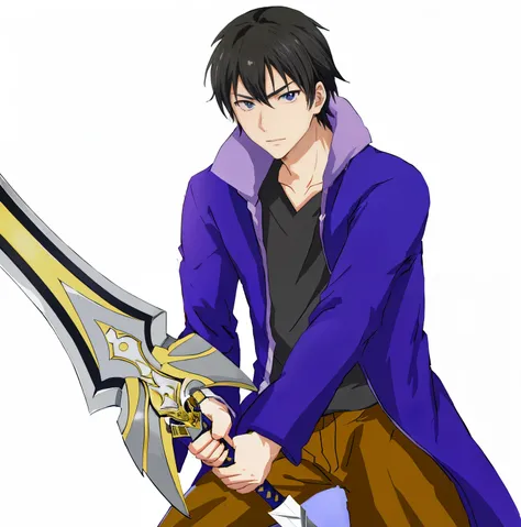 anime guy with a sword and a purple jacket, with large sword, okata kazuto, masamune shiro, nobutaka ike, anime fencer, dramatic wielding sword pose, holds a sword, holding sword, while holding a sword, tall anime guy with blue eyes, male anime character, ...