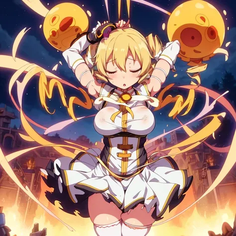 mami tomoe, big breast, blonde hair, drill hair, tentacle leash, skirt lifting, white underwear, choking,strangle, scenery, closed eyes, :o, pain, moaning, wind blow, tentacle around neck, (torn clothes:1.2), scenery