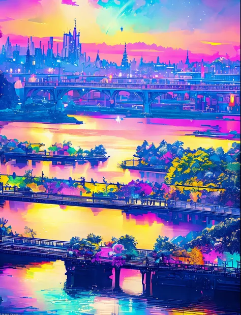 Colorful Metropolitan Museum of Art、River painting with stars and moon in rainbow sky、the met、Shining skyscrapers、Shine across the board、Skyscrapers、Concept art inspired by Mitsuoki Tosa、pixiv contest winners、top-quality、Fantasyart、beautiful anime scene、Br...