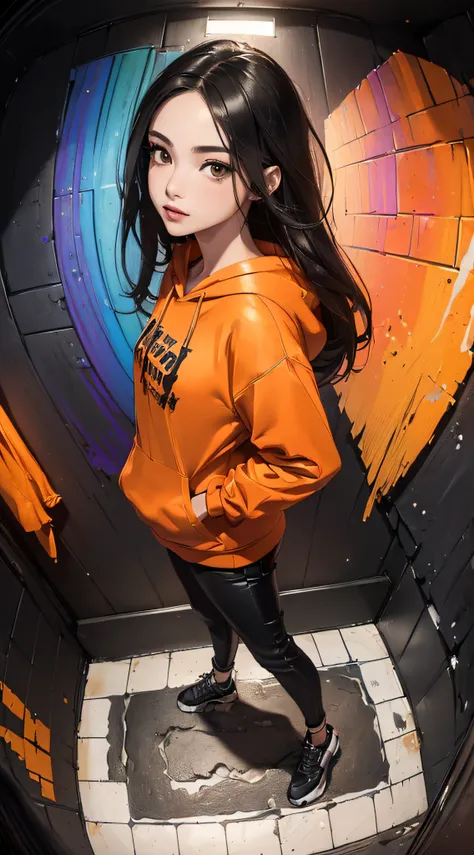 ((8k wallpaper of extremely detailed CG unit:1.2, ​masterpiece, hight resolution:1.2, top-quality:1.2, masutepiece)), ((a very beautiful woman, Hands in pockets:1.8, Street fashion, Wearing an orange hoodie, Wear black hot pants, Wearing shoes)), ((extra d...